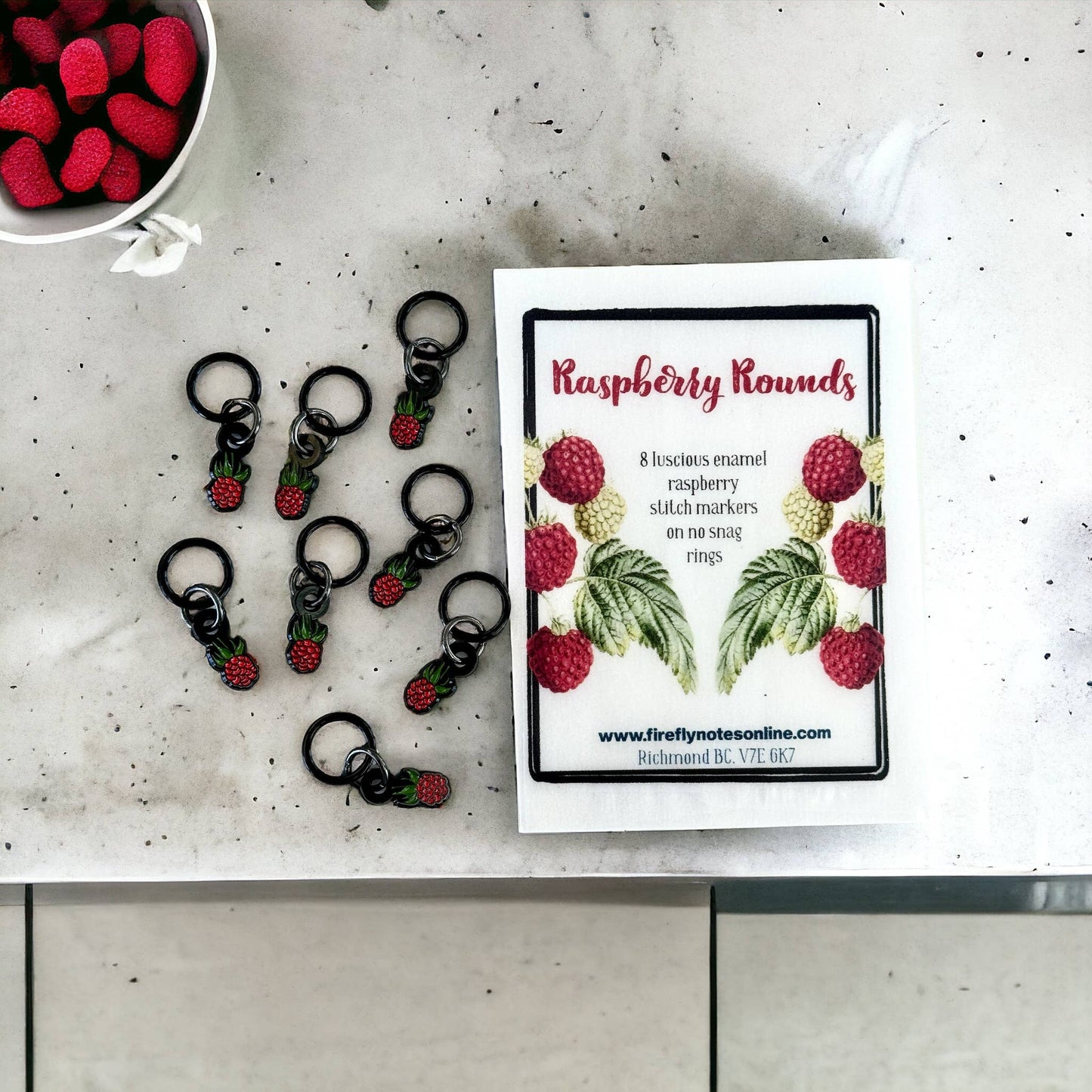 Raspberry stitch markers for knitting by  Firefly Notes 