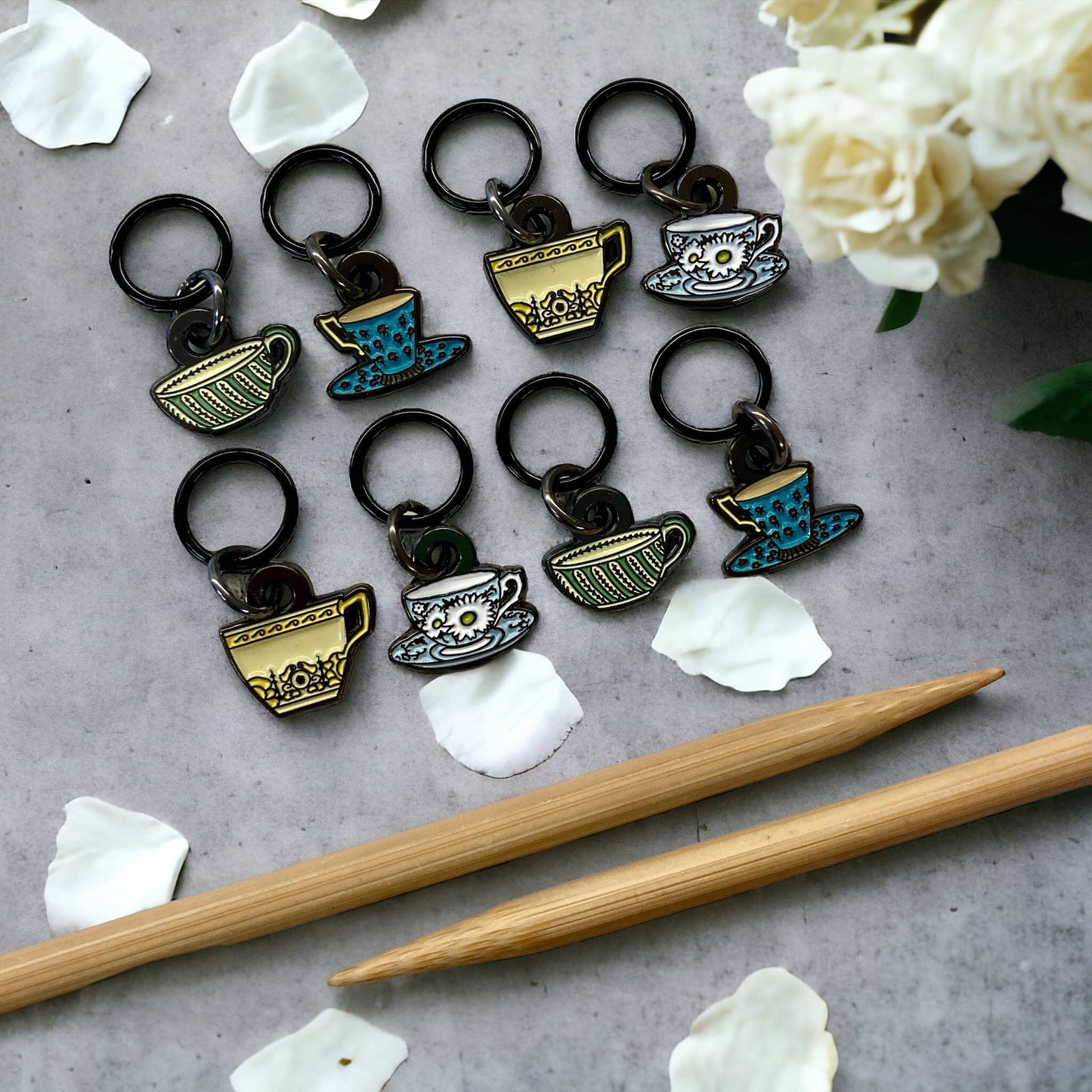 Tea set knitting stitch markers by Firefly Notes